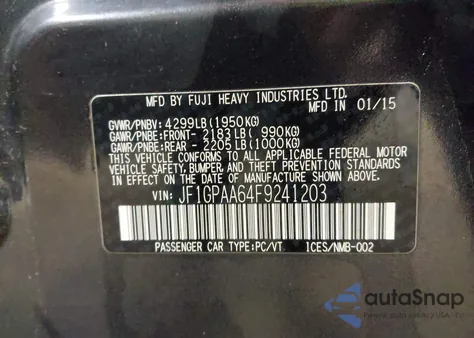 2015 Subaru Impreza 2.0I из США, поврежденный, VIN JF1GPAA64F9241203